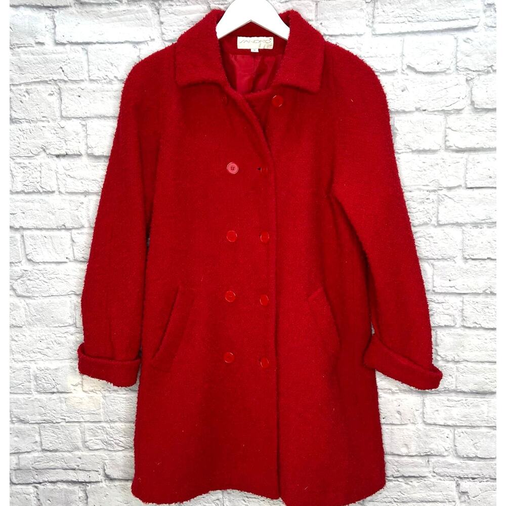 Sandro Red Textured Double Breasted Wool Blend Peacoat Size 10 Midi